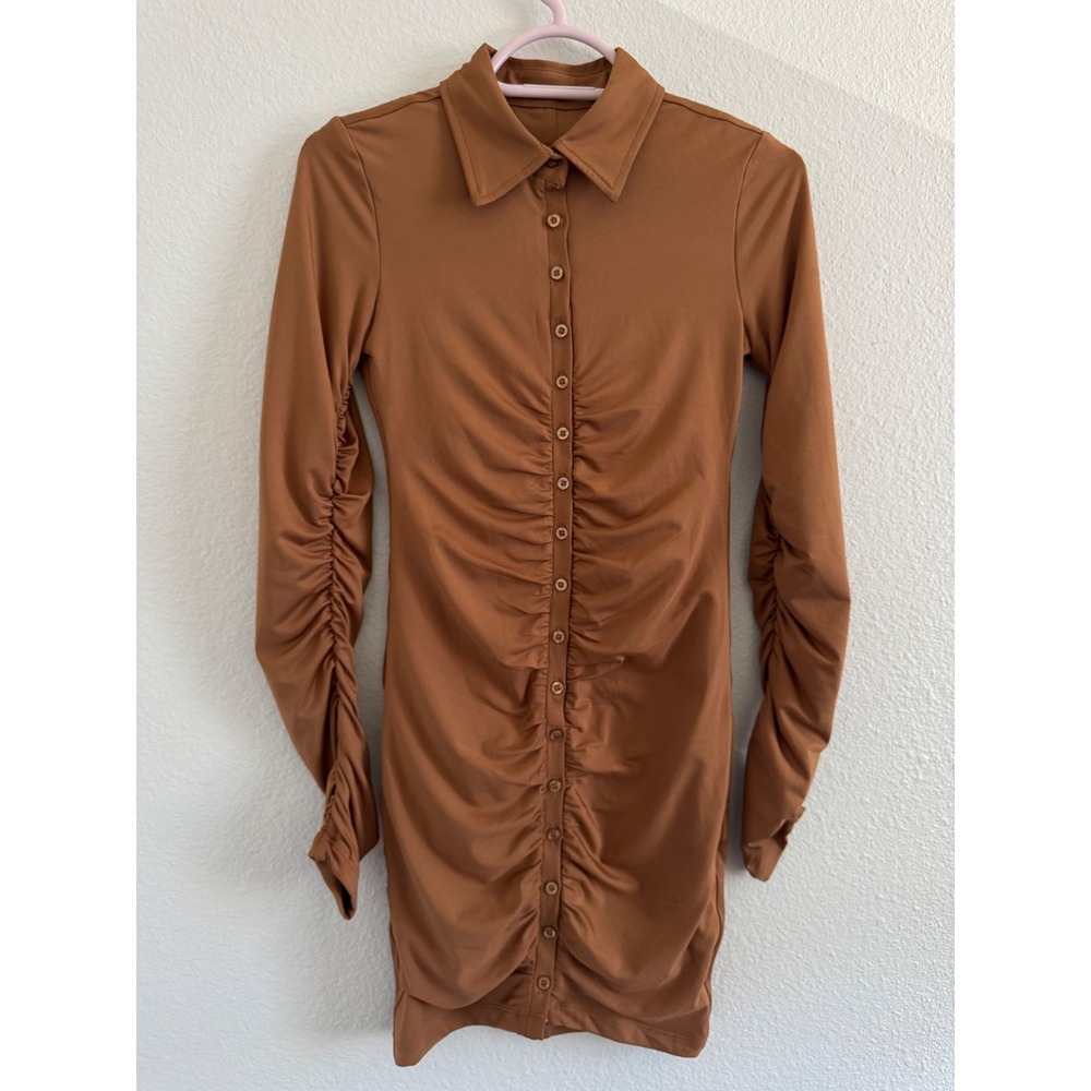 NWT L'EAU Berlin Button Up Mini Dress Chic Brown Ruched Long Sleeve Small Twee - Picture 2 of 10